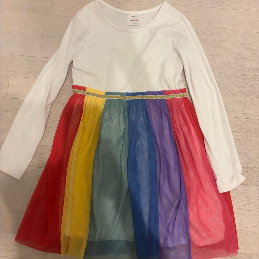 Hanna Anderson White and Rainbow Kids Dress size 6-7, good condition
